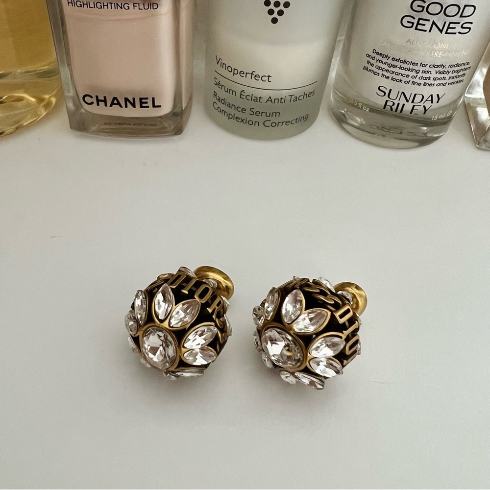 Dior Crystal Antiqued Gold Stud Earrings